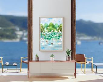 Korea Volksmalerei/Orientalische Malerei/Poster/Wanddekor für Zuhause/schöne Energie/Segen/Reichtum und Ehre/Blume/Lotus/Vogel/See/Digital Download