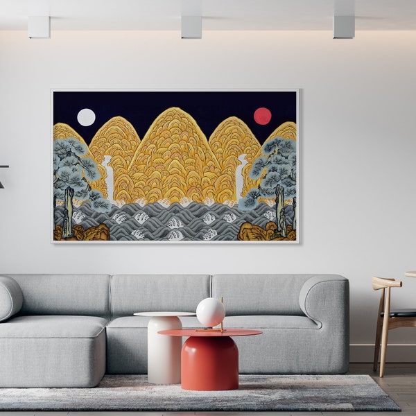 Korea folk painting/Oriental painting/poster/home wall decor/nice energy/blessing/king/sun/moom/five peaks/pine tree/power/Digital Download