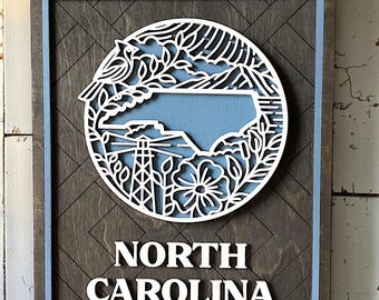 North Carolina Wooden Wall Art | Layered State Sign | Handmade NC Home Decor | Rustic Farmhouse Gift | Mountain Decor
