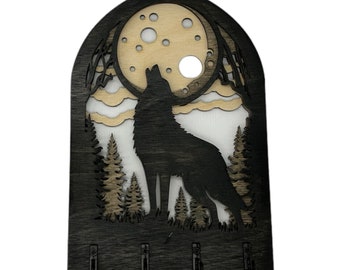 Wold Howling at Moon Four Hook Arch Key Hanger/ Organizer