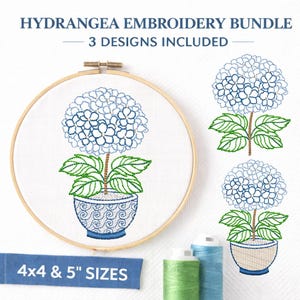 Hydrangea Embroidery Bundle, Blue Flower Pot, 4x4 5x7 Machine Design