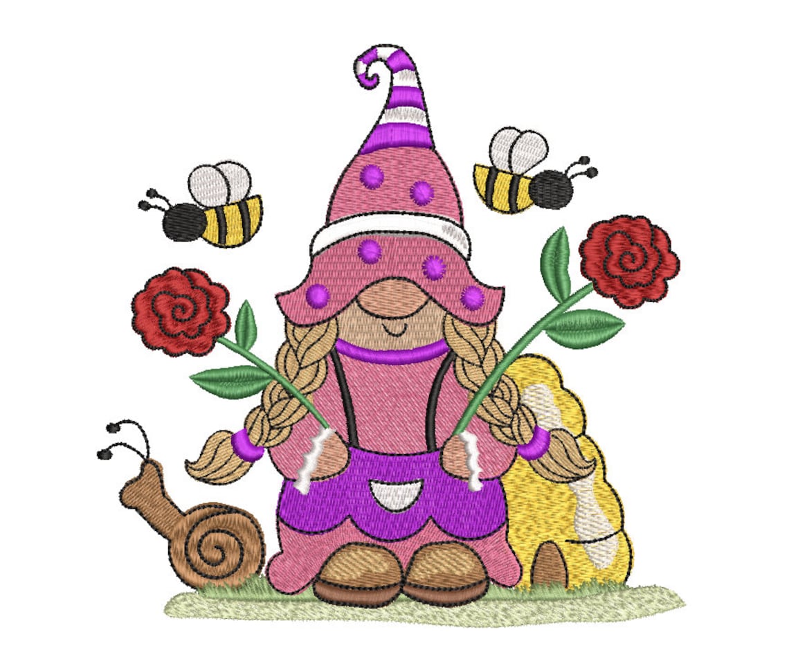 Girl gnome with 2 roses machine embroidery design  etsy