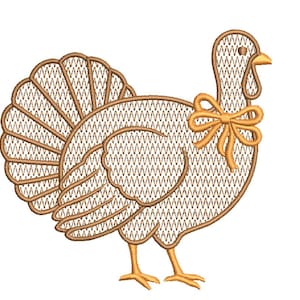 May include: A brown embroidered turkey design featuring a cross-stitch pattern on the body and tail feathers. The turkey has a light orange beak and feet, and a decorative bow tied around its neck, rendered in a simple, clean line art style.