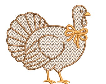 Diseño de bordado a máquina de pavo con lazo, motivo de toalla de cocina para otoño y Acción de Gracias.