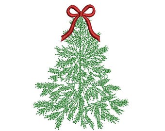May include: An embroidery design of a stylized evergreen tree rendered in various shades of green thread, featuring a prominent red bow stitched at the very top point of the tree. The design displays detailed needlework texture throughout.