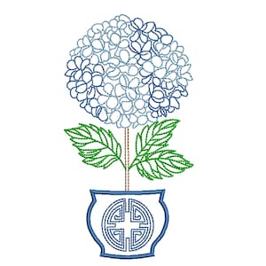 May include: An embroidered design of a blue hydrangea flower in a blue and white vase. The flower has a round shape with many small petals. The leaves are green, and the stem is brown. The vase has a decorative pattern.