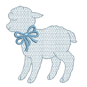 May include: A light blue embroidered lamb design with a bow around its neck. The lamb is standing on four legs and has a textured pattern throughout its body. The bow is a lighter shade of blue.