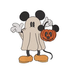 May include: A cartoon ghost wearing a Mickey Mouse costume, holding a jack-o'-lantern bucket. The ghost is wearing a white sheet with black ears and a black tail. The jack-o'-lantern is orange with a black face.