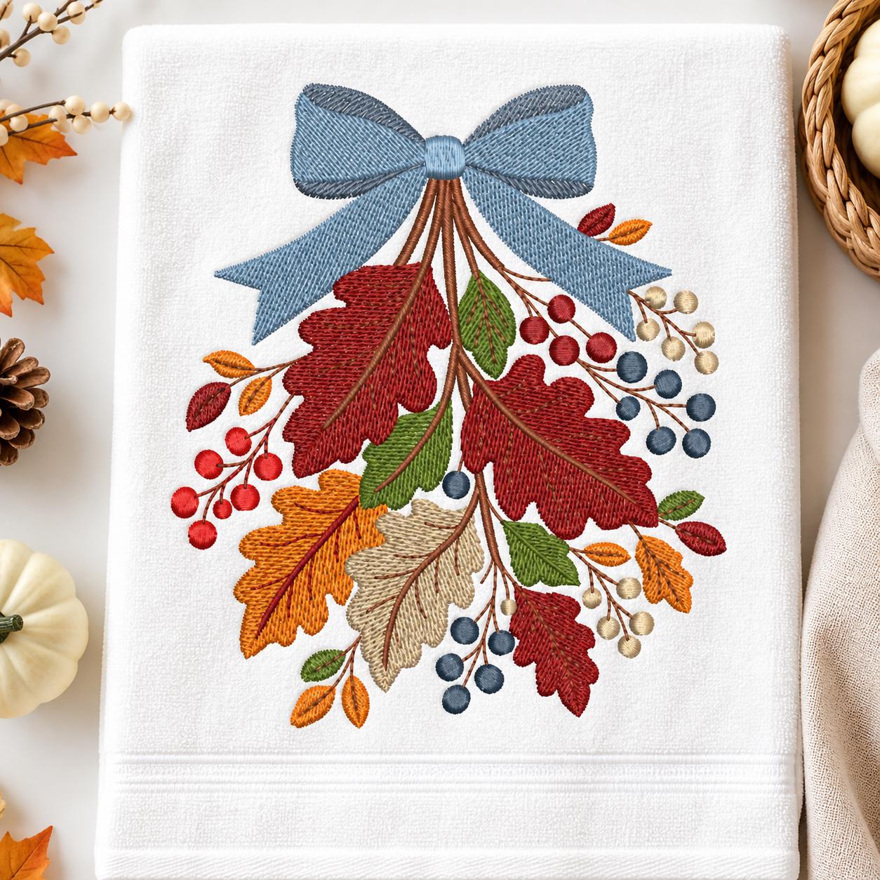 Autumn Leaves Bow Embroidery Design Fall Floral Machine Embroidery File ...