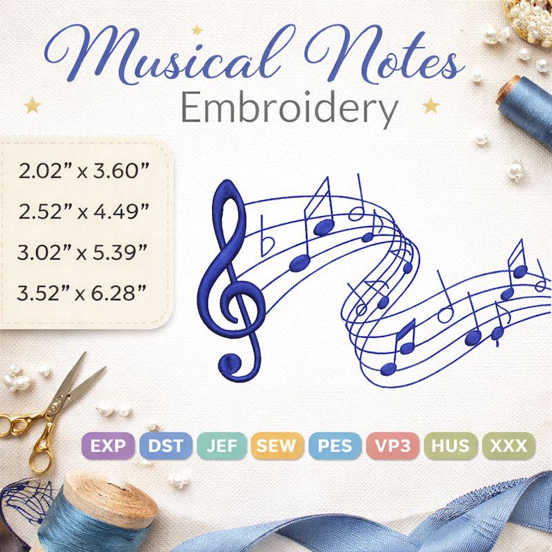 Music Notes Embroidery Design | Musical Staff Pattern 4x4 - Etsy