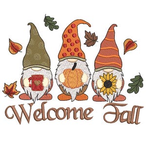 Three Fall Gnomes. Welcome Fall. Machine embroidery design.