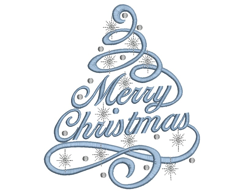 May include: A light blue embroidered Christmas tree design with the words "Merry Christmas" in a cursive font. The design includes silver snowflake and dot accents, perfect for holiday crafts and decorations.
