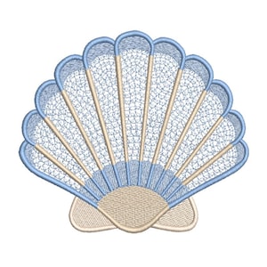 May include: An embroidered seashell design in light blue, beige, and off-white. The seashell has a detailed, openwork pattern with a light blue outline and beige accents. The design is likely for embroidery projects, such as clothing or home decor.
