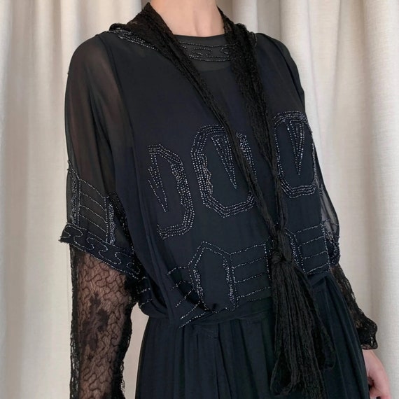 1920s black silk beaded dress | M - image 2