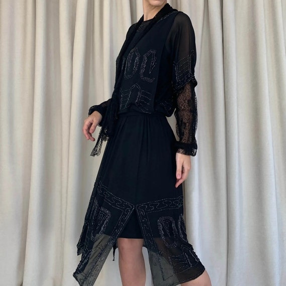 1920s black silk beaded dress | M - image 3