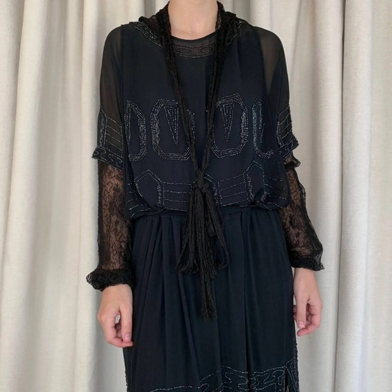 1920s black silk beaded dress | M - image 1