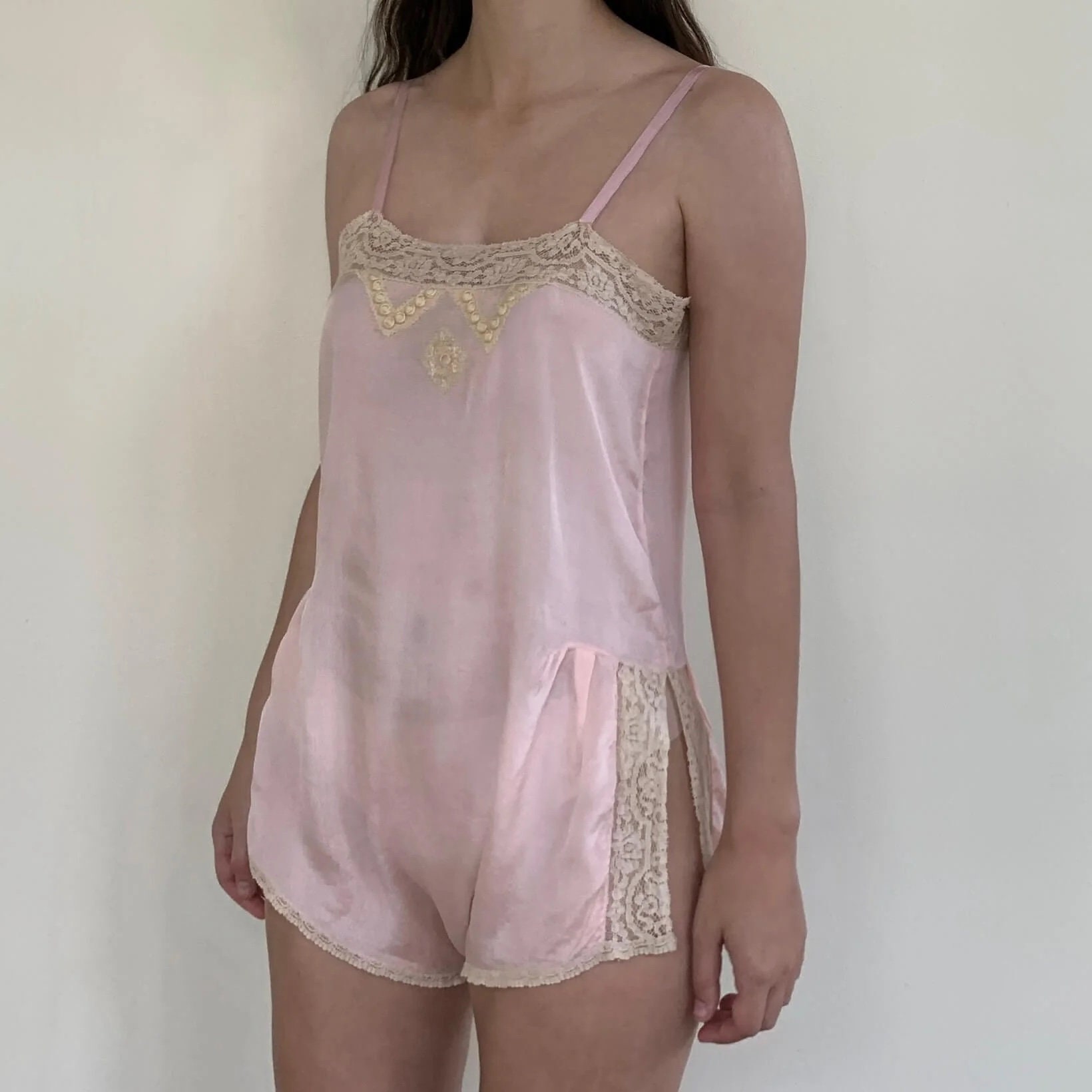 トップス 1920s Pale Pink Silk Lingerie Pink Satin Nightgown Women's 1920's Style Lingerie Lace Pink
