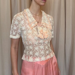 Pu&ograve; includere: Un top in pizzo color crema con maniche corte e motivo floreale. Il top ha un colletto a balze color pesca e un accento abbinato allo scollo. Abbinato a una gonna rosa chiaro.