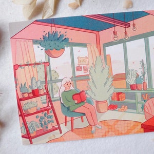 暖かい空間 - A6 イラスト入りポストカード - 秋の植物の居心地の良い寝室アートプリント