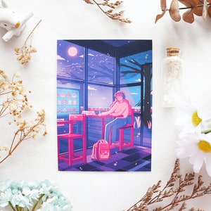 Mystic Moon - A6 Ilustrowana pocztówka - Fantastyczna neonowa Vaporwave Lofi Girl Upiorny fioletowy wydruk artystyczny