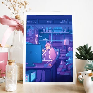 Neon Cloud - Illustration Art Print - 5x7, 8x11 Art Prints - Chill Gamer Girl Vaporwave Lofi Aesthetic Wall Art