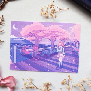 Sakura - Carte postale illustrée A6 - Impression artistique pastel Vaporwave Cherry Blossom Magical Lofi