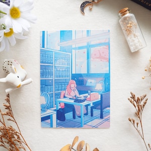 Blossom - A6 Cartolina illustrata - Light Academia Library Studente che studia Soft Aesthetic Art Print