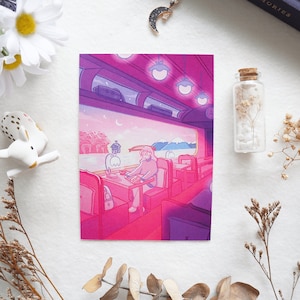 Corações Fugazes - Cartão Postal Ilustrado A6 - Trem Ferroviário de Viagem Fantasia Pastel Lofi Impressão de Arte Estética