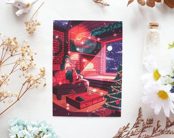 Starlight - Carte postale illustrée A6 - Cheminée de Noël chaleureuse et confortable Vacances festives Impression artistique