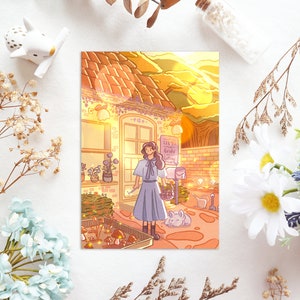 Forest Dreams - A6 illustrierte Postkarte - Cottagecore Magischer Hexengarten Sonnenuntergang Glow Kunstdruck