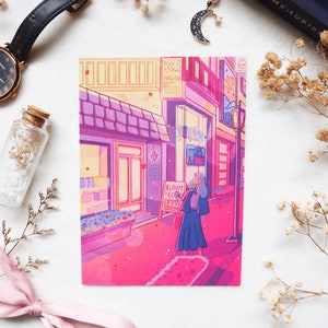 Dawn Street - A6 Illustrated Postcard - Soft Magical Pastel Pink Lofi Witch Aesthetic Art Print