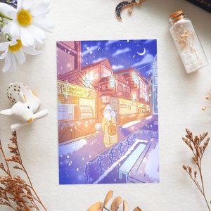 Noturno - Cartão Postal Ilustrado A6 - Mercado Festivo de Inverno Rua da Cidade Nevado Aconchegante Impressão Artística
