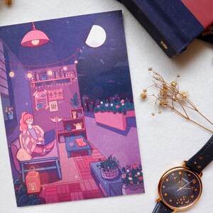 Moonlight - A6 Illustrated Postcard - Magical City Girl Midnight Balcony Art Print