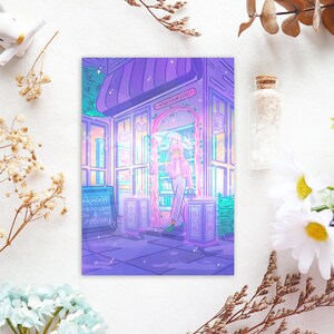 Enchanté - Carte postale illustrée A6 - Impression d'art Rainy Lofi Bookstore Witch Dreamy Fantasy