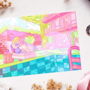 Bolha - A6 Cartão Postal Ilustrado - Sunkissed Blond Summer Girlie Coquette Pop Art Impressão Artística