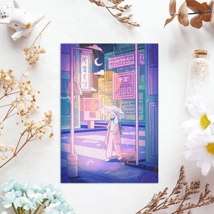Pluie de minuit - Carte postale illustrée A6 - Impression esthétique Magical Girl de Rainy Lofi City Street Y2K