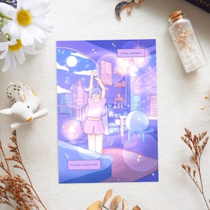 Periwinkle - A6 illustrierte Postkarte - Lila Lila Lofi Magisches Mädchen Schlafzimmer Fantasy Mondlicht Kunstdruck