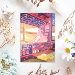 Skybone - A6 illustrierte Postkarte - Light Academia Bookish Girl Reading Art Print