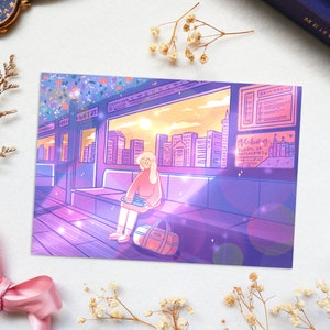 Cosmic Transport - A6 illustrierte Postkarte - City Train Subway Girl Lofi Magisch Verträumt Kunstdruck