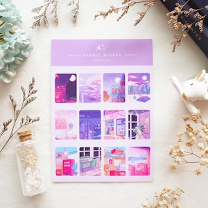 Cosmic Wishes | Fantasy Lofi Celestial Magical Landscapes Sticker Sheet | Decorative Bullet Journal Stickers