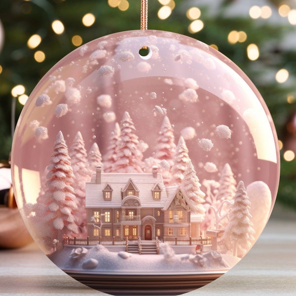 Snow Globe Pink Winter Scene Ornaments Sublimation, Pink Christmas, Christmas Round Ornament PNG, 2 Designs Included, Snowglobe Ornament PNG