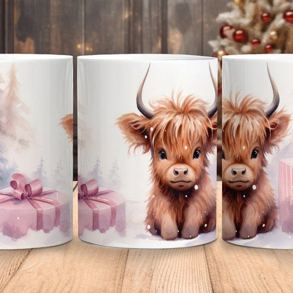 Pink Christmas Baby Highland Cow Mug Wrap, 11oz & 15oz Mug Wrap Design, Holiday Mug Design Christmas Sublimation, Christmas Gifts and Tree