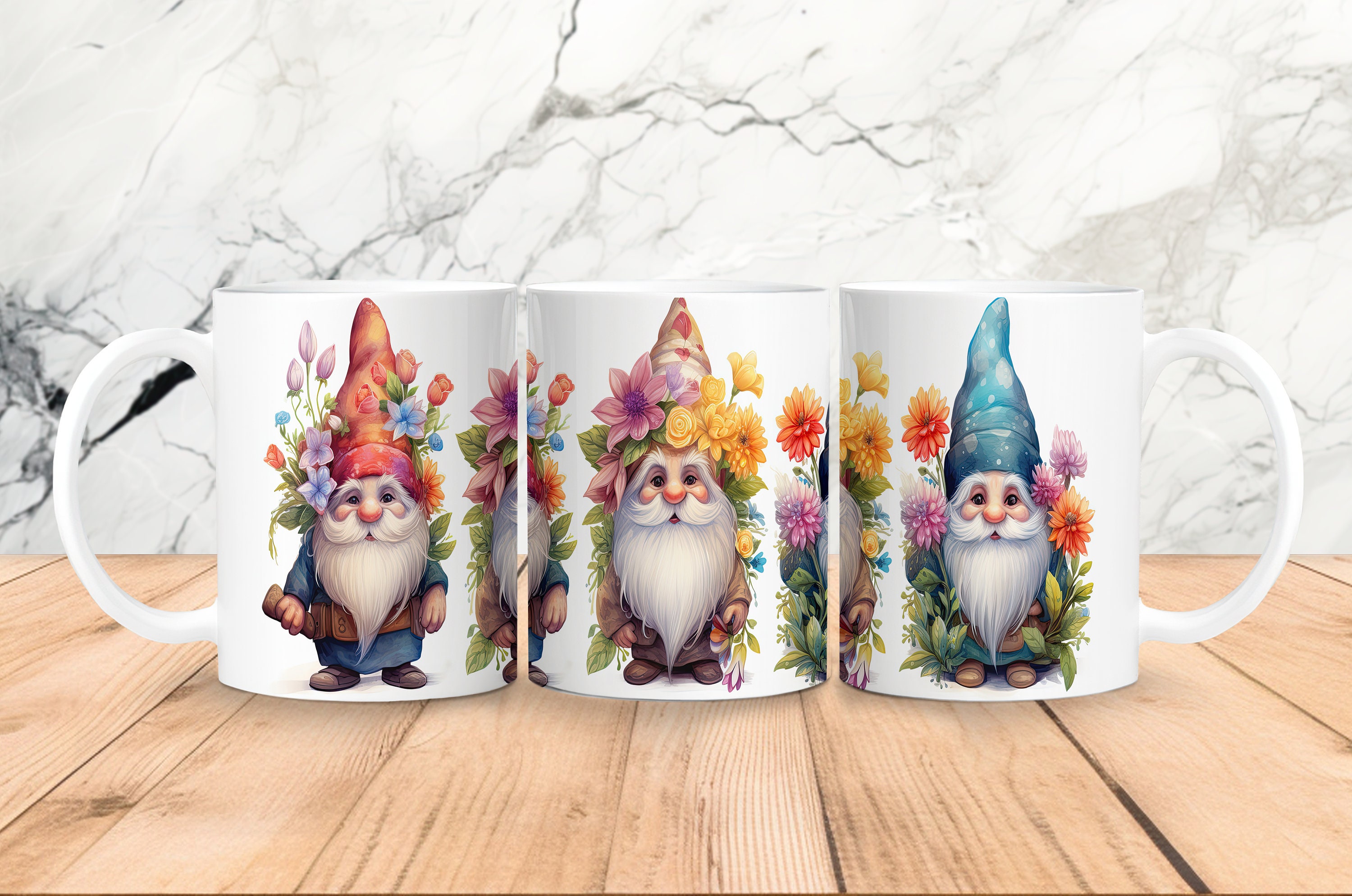 3D Gnome Mug Wrap, Gnome With Flowers, 11oz and 15oz Mug Template