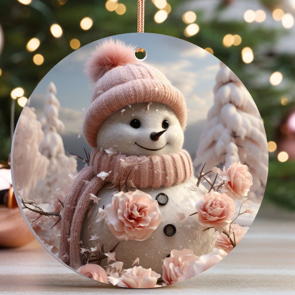 Pink Snowman Ornament Sublimation PNG, Christmas Round Ornament PNG, Pink Snowman Ornament, 2 Designs Included, Pink Christmas Scene