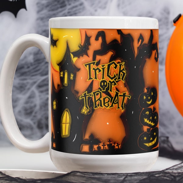 3D Inflated Haunted House Mug Wrap, 3D Halloween Mug, 3D Puffy Halloween, Trick Or Treat Wrap , Halloween Sublimation Trick Or Treat PNG