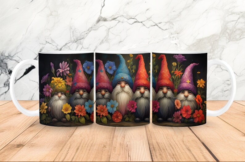 3D Gnome Mug Wrap, Gnome With Flowers, 11oz and 15oz Mug Template
