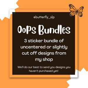 Puede incluir: Un cuadrado negro con esquinas redondeadas y texto blanco que dice "@butterfly_slp Oops Bundles 3 sticker bundle of uncentered or slightly cut off designs from my shop We'll do our best to send you designs you haven't purchased yet!" El fondo es naranja con formas de estrellas blancas.