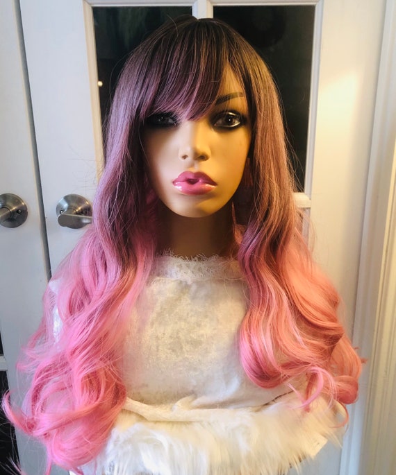 Andrea Wig Long Ombre Brown to Pink With Bangs. High Quality Synthetic Material. Heat Resistant Etsy