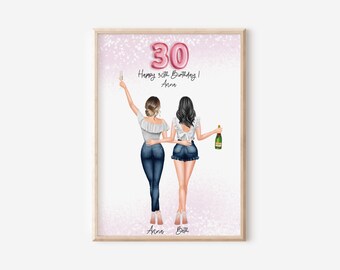 May include: Two women in jeans and white tops stand back to back, raising a glass to celebrate a 30th birthday. The number 30 is in pink balloon letters. The text reads "Happy 30th Birthday! Anna".