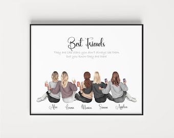 Peut inclure: Impression encadrée avec une illustration de cinq amies, chacune tenant une boisson et un téléphone. Le texte "Best Friends" est en haut, avec la citation "They are like stars-you don't always see them but you know they are there." Noms en dessous.